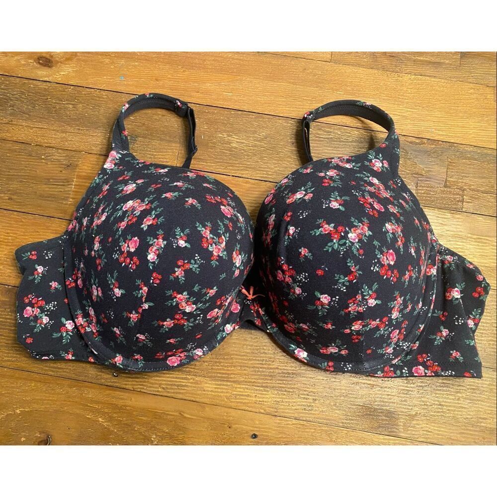 Cacique 50D boost plunge bra black red floral plus size